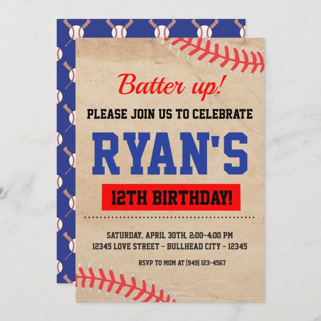 Convites Vintage Baseball Batter Up Boy's Birthday (Frente/Verso)