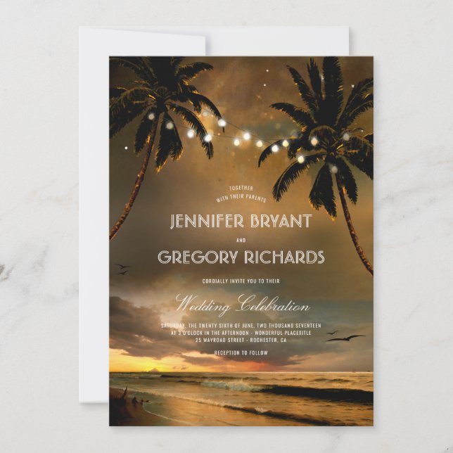Convites Vintage Beach Sunset | String Lights Palms Wedding (Frente)