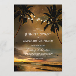 Convites Vintage Beach Sunset | String Lights Palms Wedding