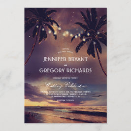 Convites Vintage Beach Sunset | String Lights Palms Wedding