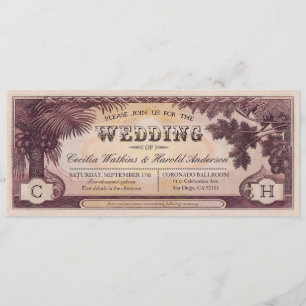Convites Vintage Beach Wedding Ticket Invitations v.1