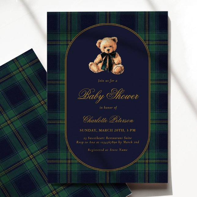 Convites Vintage Bear Plaid Baby Shower Invitation (Criador carregado)