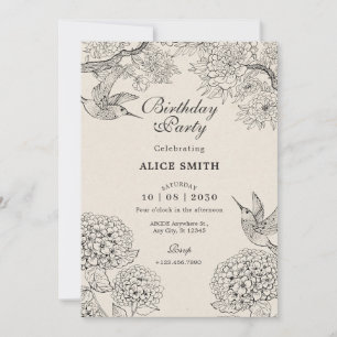 Convites Vintage beige Bird Hydrangea Flowers aniversário