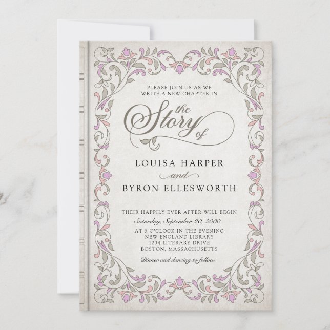 Convites Vintage Biblioteca Story Fairy Tale Casamento (Frente)