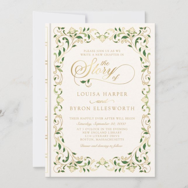 Convites Vintage Biblioteca Story Fairy Tale Casamento (Frente)