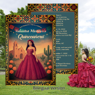 Convites Vintage Bilingual Quinceañera 15 Red Vress