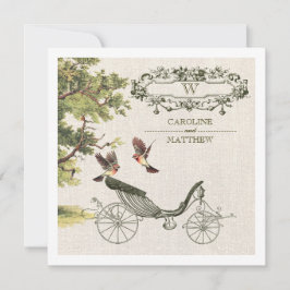 Convites Vintage Birds & Carruagem Burlap Texture