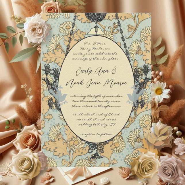 Convites Vintage Birds Damask Chandelier Invitation (Criador carregado)