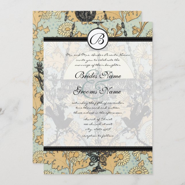 Convites Vintage Birds Damask Chandelier Invitation (Frente/Verso)