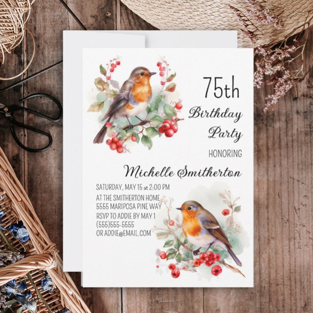 Convites Vintage Birds Robin Redbreast 75. Aniversário (Robin redbreast 75th birthday party invitation)