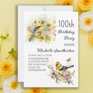 Convites Vintage Birds Yellow Goldfinch 100º aniversário