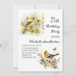 Convites Vintage Birds Yellow Goldfinch aniversário de 21 a