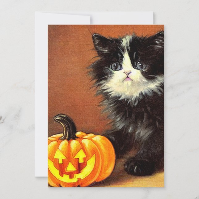 Convites Vintage Black and White Halloween Kitten (Frente)