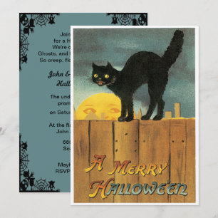 Convites Vintage Black Cat Em Uma Cerca De Halloween