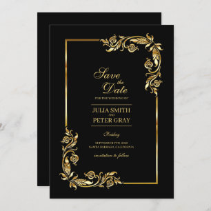 Convites Vintage Black e Dourado Royal Save Date