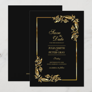 Convites Vintage Black e Dourado Royal Save Date