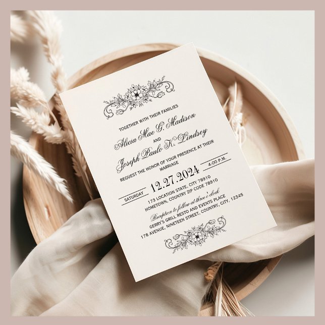 Convites Vintage Black Flourish Elegante Invitation (Elegant Modern Wedding Invitation 5x7)