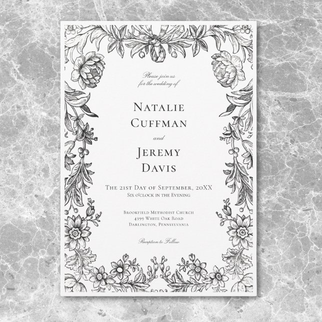 Convites Vintage Black & White Tapeçaria Floral Casamento (Vintage Black & White Tapestry Floral Wedding Invitation)