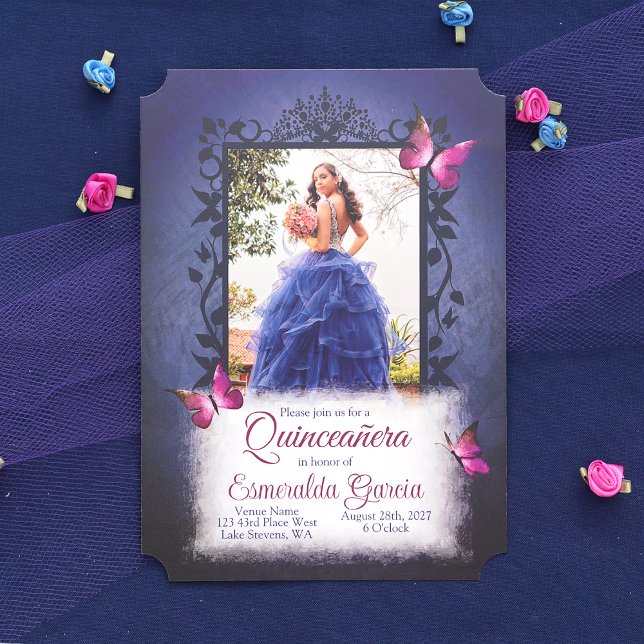 Convites Vintage Blue, Borboletas Rosa Quinceanera (Blue Quinceanera Invitation with Pink Butterflies Decorative Vines Frame, Dark Blue, Navy Blue Quinc)