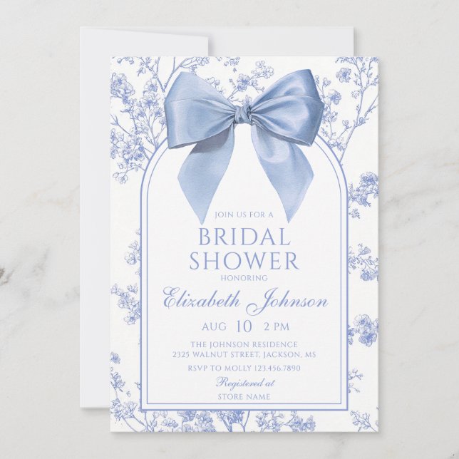 Convites Vintage Blue Bow Floral Bridal Shower (Frente)
