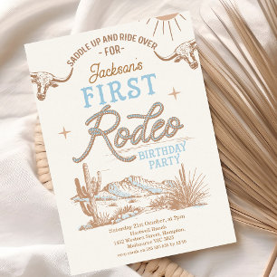 Convites Vintage Blue Boys First Rodeo primeiro aniversario
