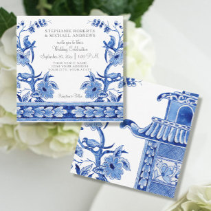 Convites Vintage Blue Chinoiserie Asiática Floral Watercolo