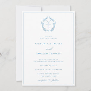 Convites Vintage Blue Crest Monograma Casamento