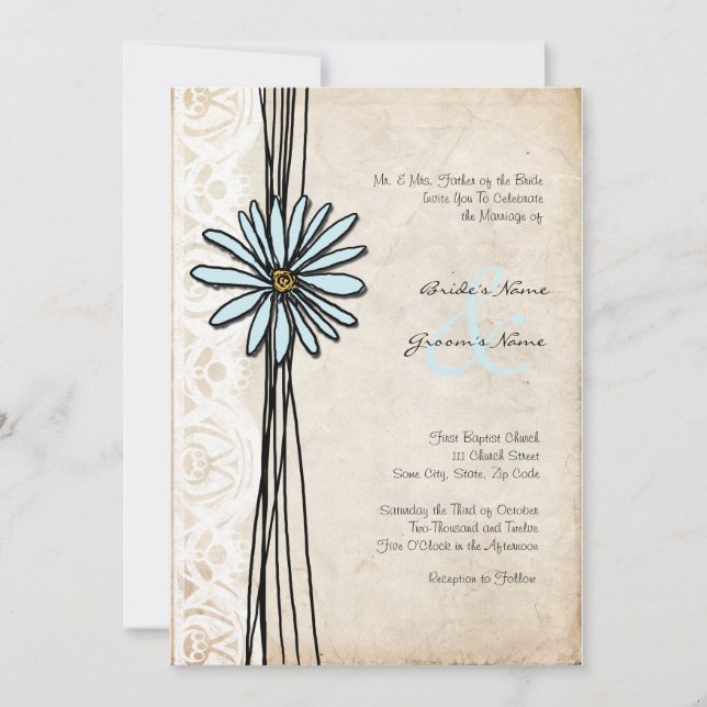 Convites Vintage Blue Daisy Weding Invitation (Frente)