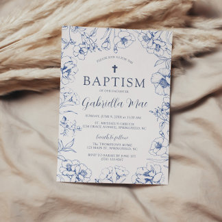 Convites Vintage Blue Floral Baptism Invitation