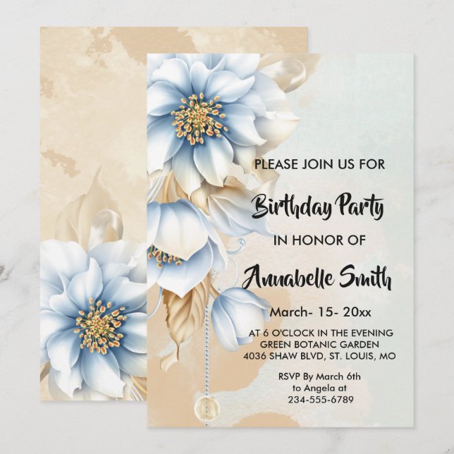 Convites Vintage Blue floral Birthday (Frente/Verso)