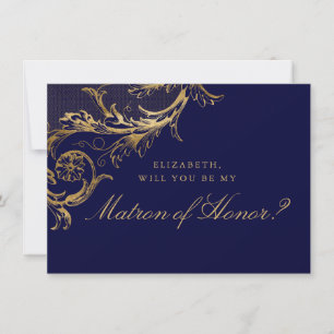 Convites Vintage Blue Floral Damask Matron of Honor