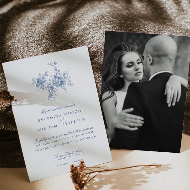 Convites Vintage Blue Floral Jouy Wedding (Criador carregado)