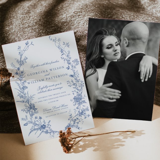 Convites Vintage Blue Floral Jouy Wedding (Criador carregado)