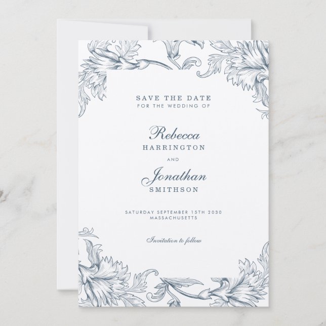 Convites Vintage Blue Floral Weding Date Invite (Frente)
