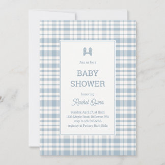 Convites Vintage blue gingham pattern boy baby shower