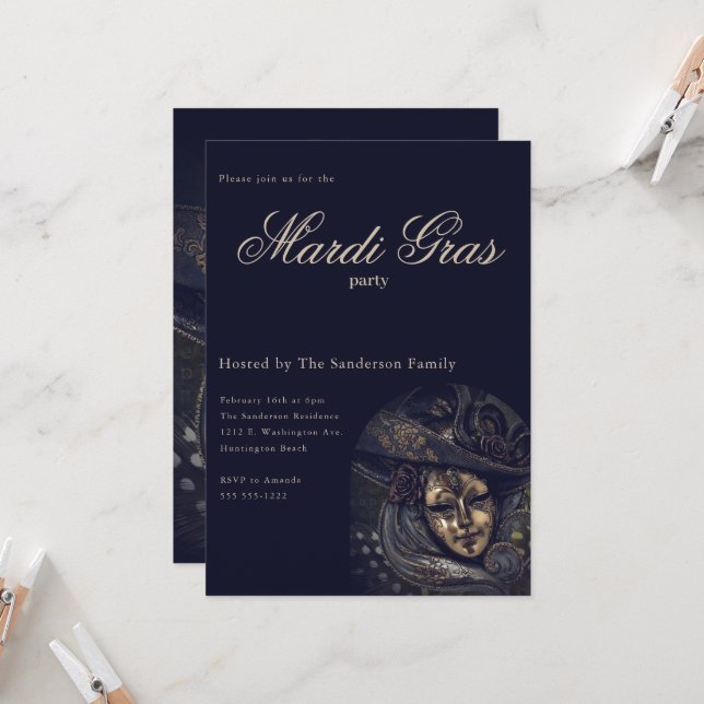 Convites Vintage Blue Mardi Gras Festa de Máscara (Frente/Verso In Situ)