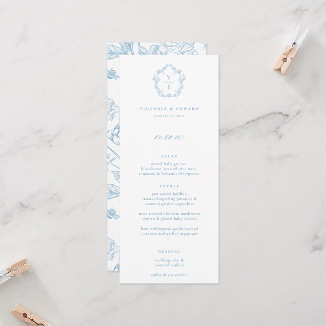 Convites Vintage Blue Monograma Crest Floral Menu (Frente/Verso In Situ)