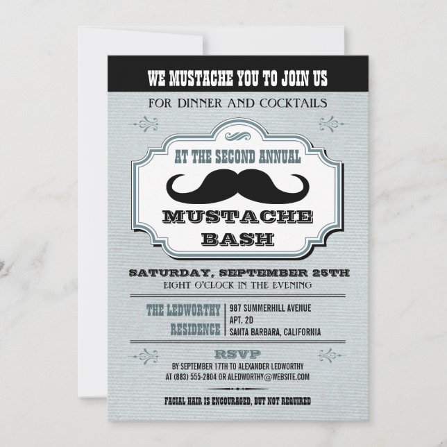 Convites Vintage Blue Mustache Bash (Frente)