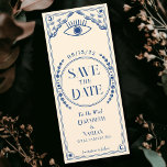 Convites Vintage Blue Mystical Tarot Card Salvar Data<br><div class="desc">Ponha o tom para uma celebração mística. Este casamento inspirado no tarô salve a data com um círculo celeste rodeado por nuvens,  luas e sóis,  com um olhar radiante no topo. Projetado em azul e creme para uma vibração mágica e inesquecível!</div>