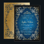 Convites Vintage Blue Princess Tiara Sweet 16<br><div class="desc">Elegante Vintage Blue Princesa Dourada Tiara Sweet 16 Aniversário</div>