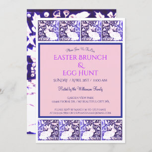 Convites Vintage Blue Purple Easter Bunny Brunch Bonito