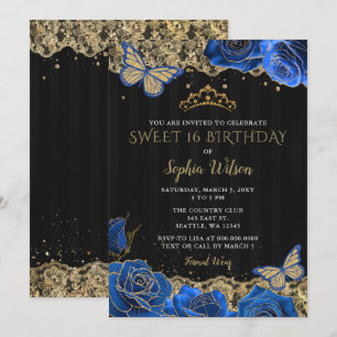 Convites Vintage Blue Rosas Black Dourado Lace Sweet 16