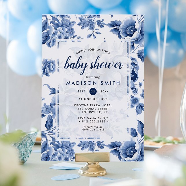 Convites Vintage Blue Toile Floral Baby Shower (Criador carregado)