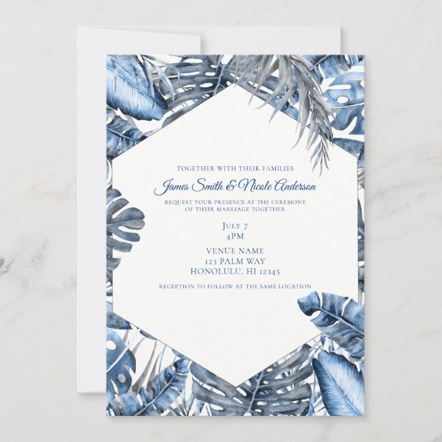 Convites Vintage Blue & White Tropical Palm Deixa Casamento (Frente)