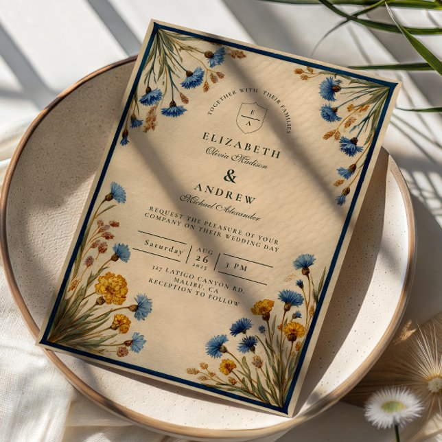 Convites Vintage Blue Wildflower Wedding (Criador carregado)