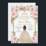 Convites Vintage Blush Champagne Vestido Floral Quinceanera<br><div class="desc">Personalize este bonito champanhe cor-de-rosa floral Quinceañera / doce convite de 16 anos, fácil e rapidamente. Basta clicar no botão personalizar para editar o texto, alterar as fontes e as cores das fontes. Apresentando uma garota vestida com um belo vestido de champanhe, flores cor-de-rosa com pincel chic e um quadro...</div>