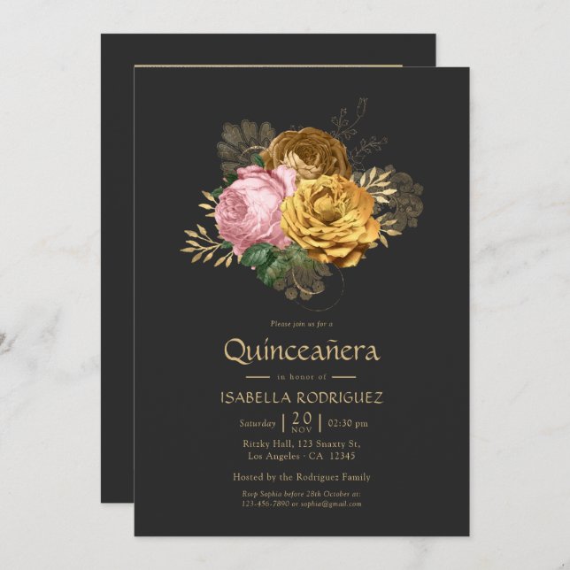Convites Vintage Blush e Dourada Quinceañera Floral (Frente/Verso)