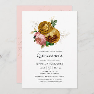 Convites Vintage Blush e Dourada Quinceañera Floral Espanho