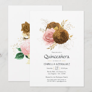 Convites Vintage Blush e Dourado Floral Quinceañera