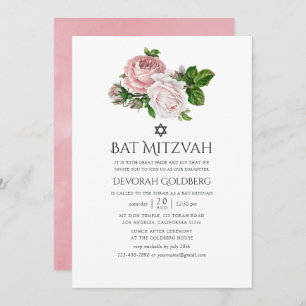 Convites Vintage Blush Pink Bat Floral Mitzvah